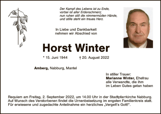 Traueranzeige von Horst Winter von Landkreis Schwandorf