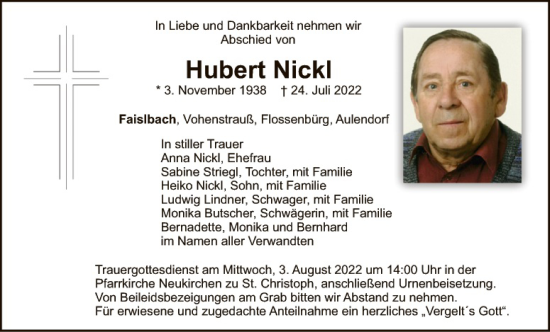 Traueranzeige von Hubert Nickl von Landkreis Schwandorf und Vohenstrauß
