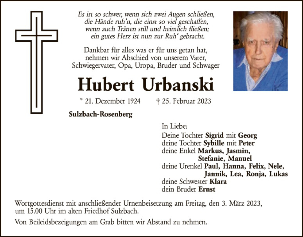  Traueranzeige für Hubert Urbanski vom 28.02.2023 aus Hauptausgabe Amberg