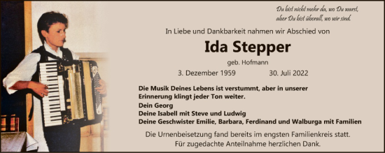 Traueranzeige von Ida Stepper von Hauptausgabe Amberg