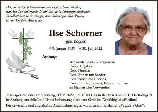 Traueranzeige von Ilse Schorner von Hauptausgabe Amberg