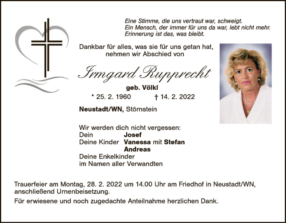  Traueranzeige für Imgard Rupprecht vom 26.02.2022 aus Hauptausgabe Weiden
