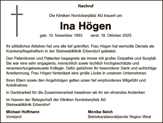Traueranzeige von Ina Högen von Hauptausgabe Weiden
