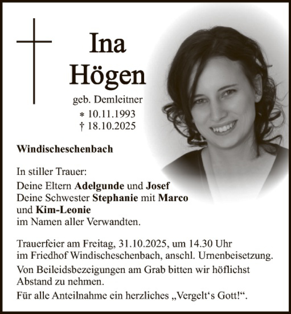  Traueranzeige für Ina Högen vom 25.10.2025 aus Hauptausgabe Weiden