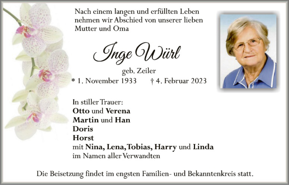  Traueranzeige für Inge Würl vom 22.02.2023 aus Hauptausgabe Amberg