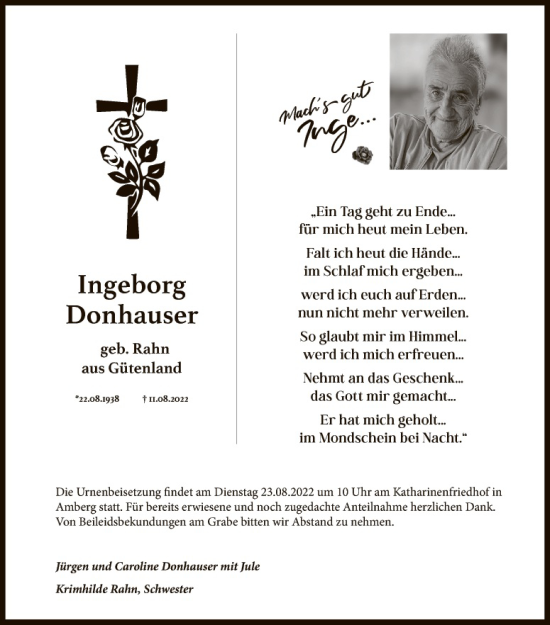 Traueranzeige von Ingeborg Donhauser von Hauptausgabe Amberg