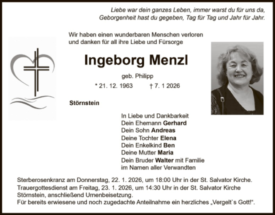 Traueranzeige von Ingeborg Menzl von Hauptausgabe Weiden