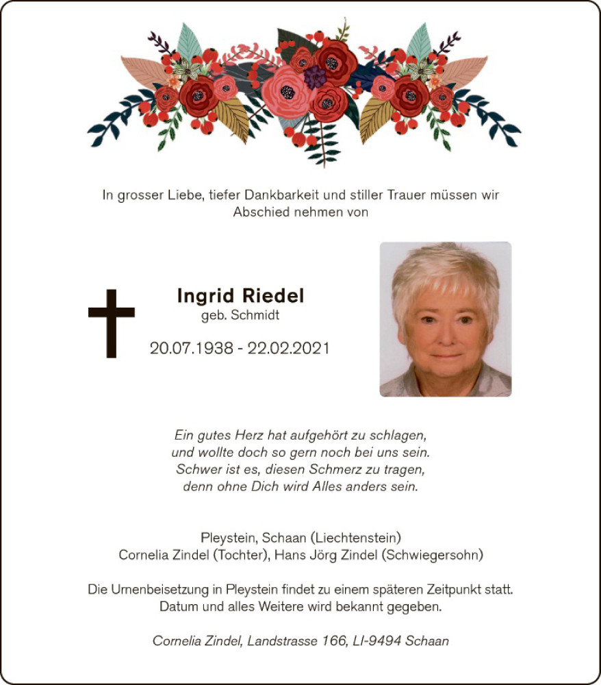  Traueranzeige für Ingrid Riedel vom 06.03.2021 aus Hauptausgabe Weiden