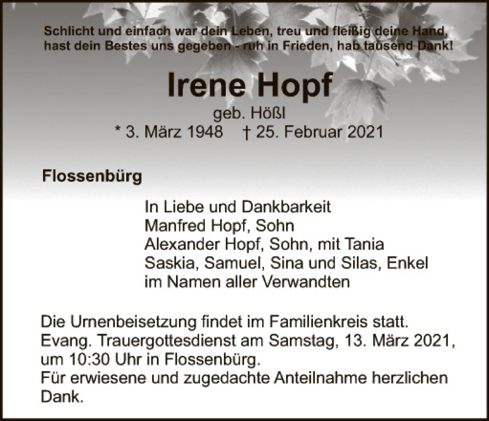  Traueranzeige für Irene Hopf vom 11.03.2021 aus Hauptausgabe Weiden