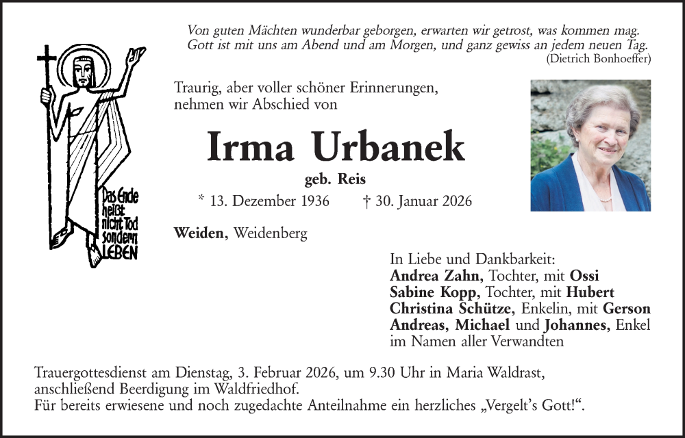  Traueranzeige für Irma Urbanek vom 31.01.2026 aus Hauptausgabe Weiden