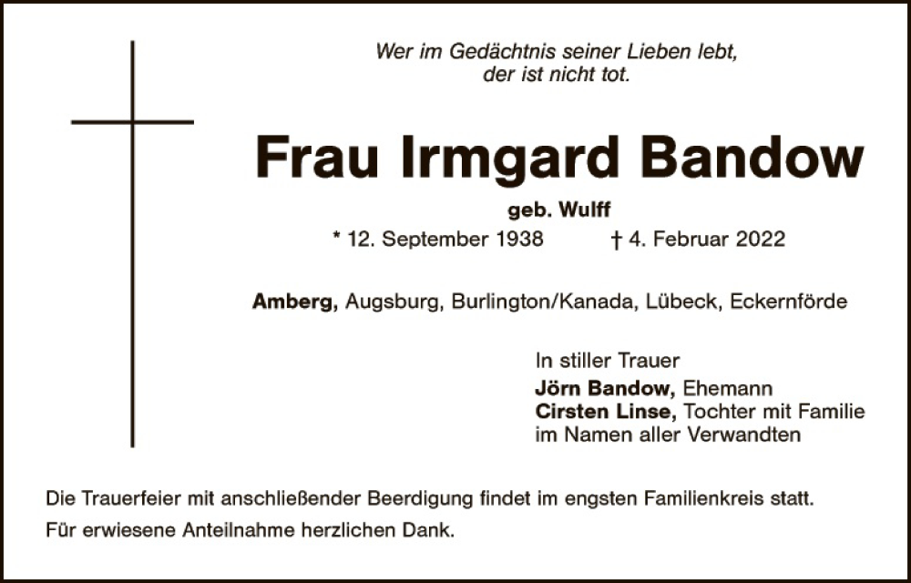  Traueranzeige für Irmgard Bandow vom 22.02.2022 aus Hauptausgabe Amberg