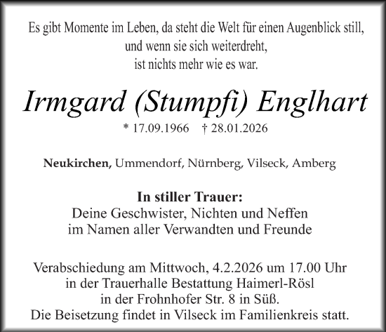 Traueranzeige von Irmgard Englhart von Hauptausgabe Amberg