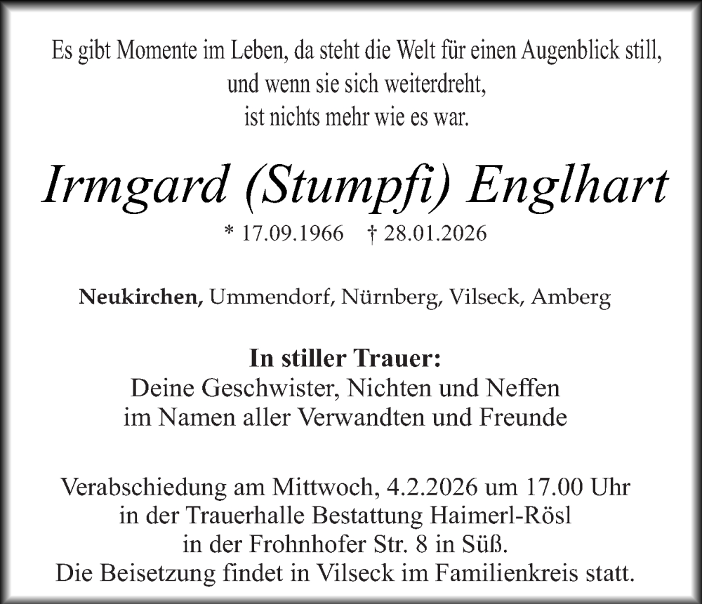  Traueranzeige für Irmgard Englhart vom 31.01.2026 aus Hauptausgabe Amberg