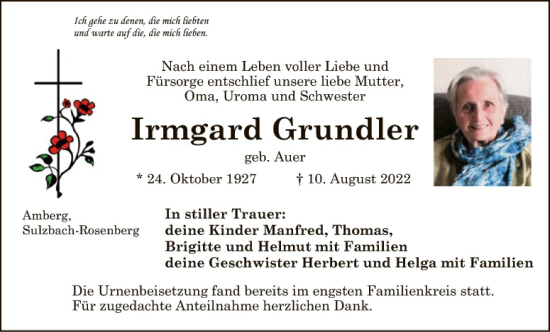 Traueranzeige von Irmgard Grundler von Hauptausgabe Amberg