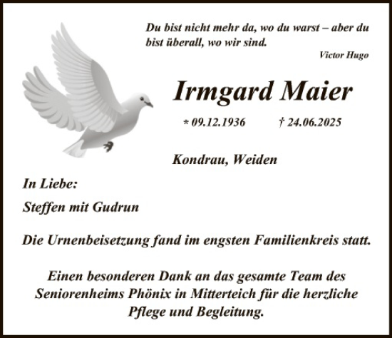 Traueranzeige von Irmgard Maier von Hauptausgabe Weiden