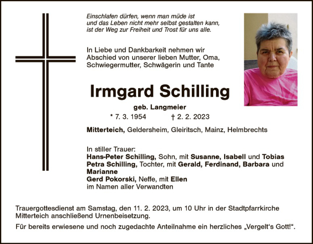  Traueranzeige für Irmgard Schilling vom 10.02.2023 aus Hauptausgabe Weiden