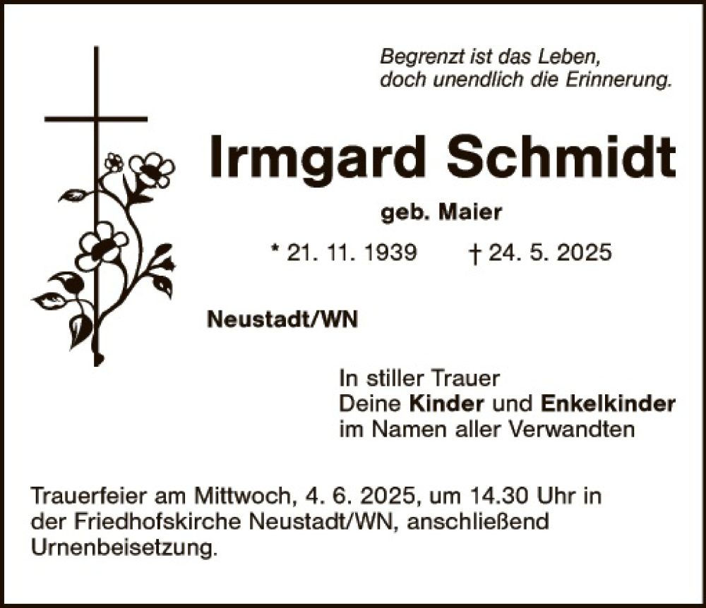  Traueranzeige für Irmgard Schmidt vom 02.06.2025 aus Hauptausgabe Weiden
