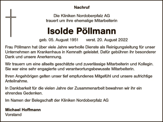 Traueranzeige von Isolde Pöllmann von Hauptausgabe Weiden