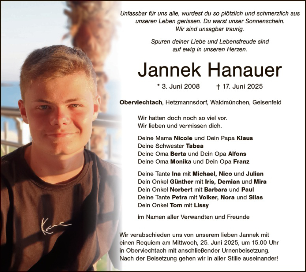  Traueranzeige für Jannek Hanauer vom 24.06.2025 aus Landkreis Schwandorf