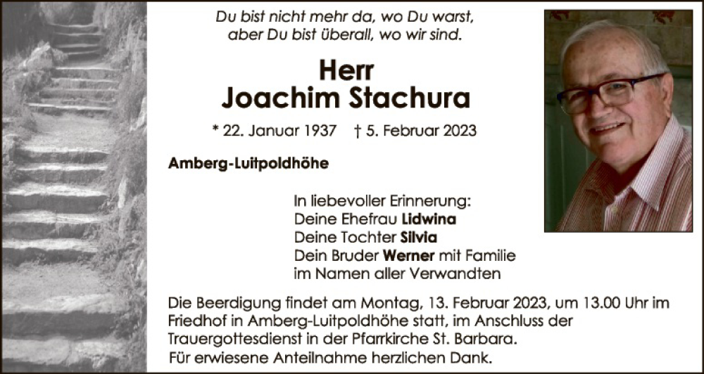  Traueranzeige für Joachim Stachura vom 11.02.2023 aus Hauptausgabe Amberg