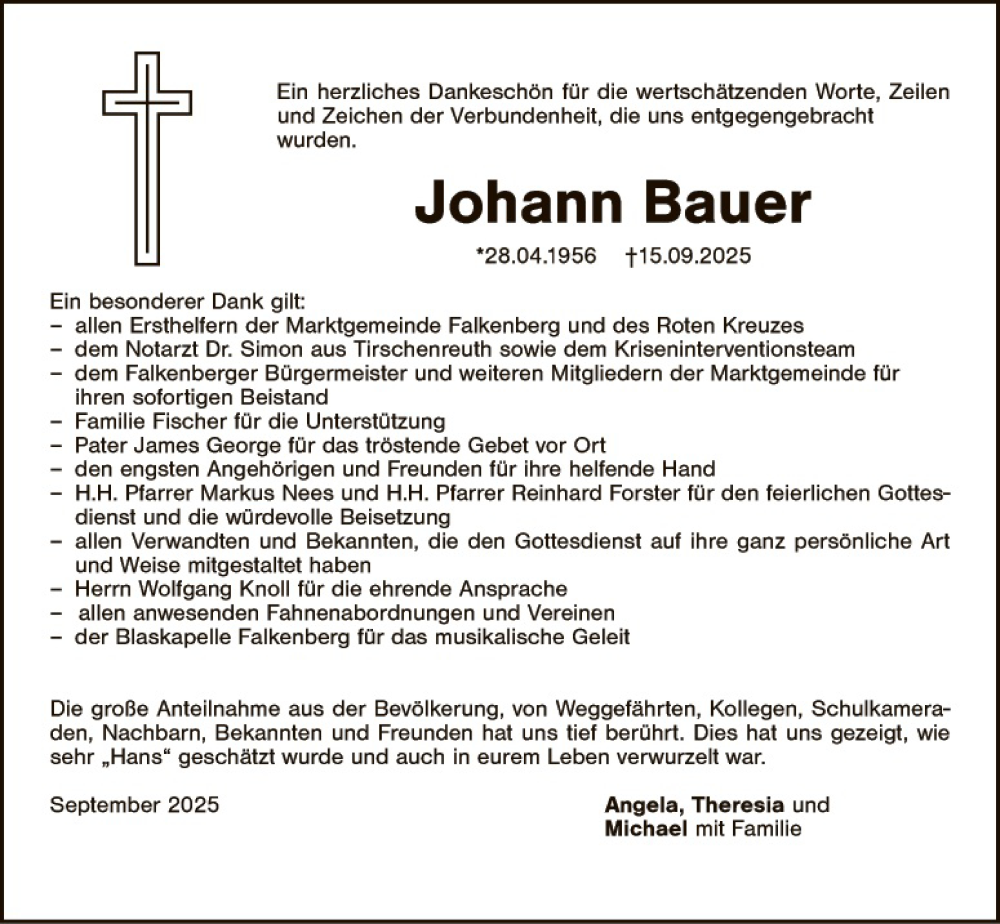  Traueranzeige für Johann Bauer vom 04.10.2025 aus Hauptausgabe Weiden