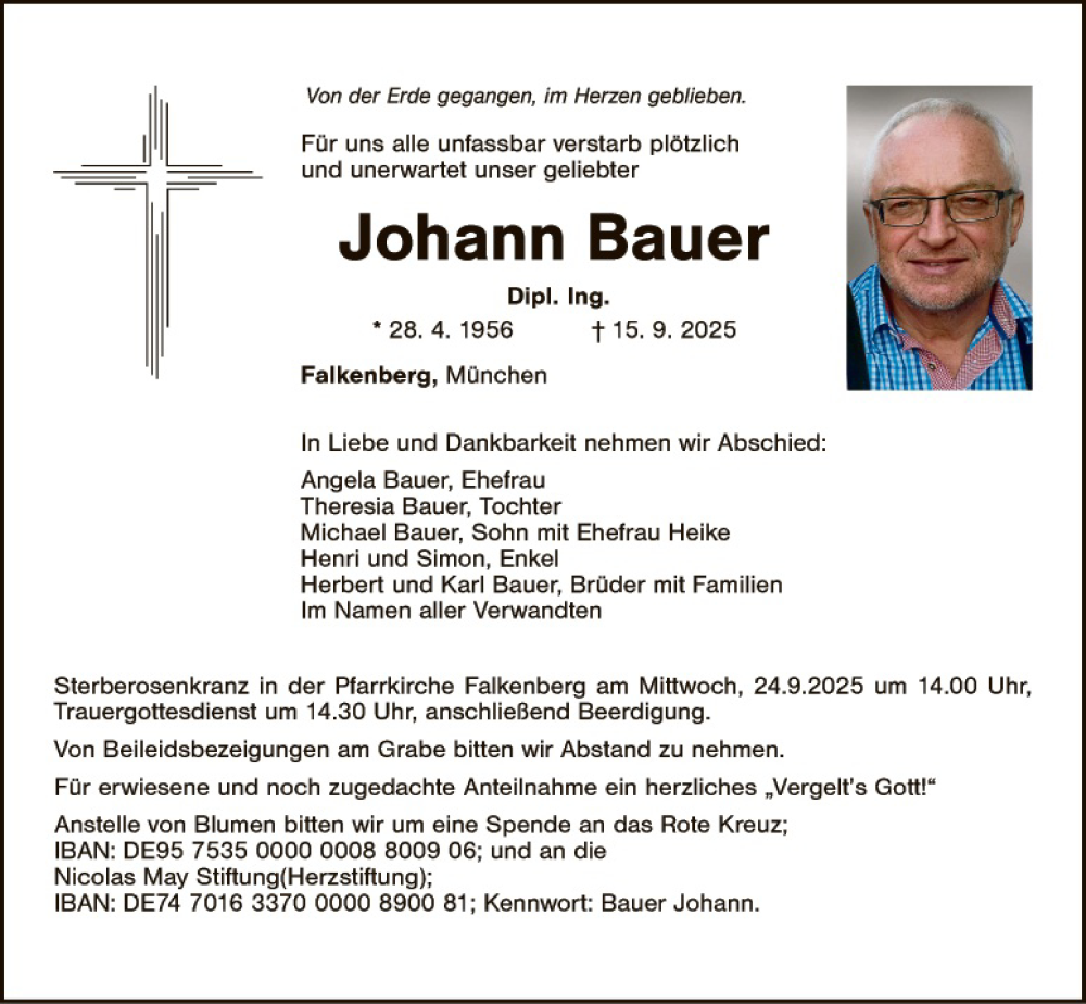  Traueranzeige für Johann Bauer vom 20.09.2025 aus Hauptausgabe Weiden