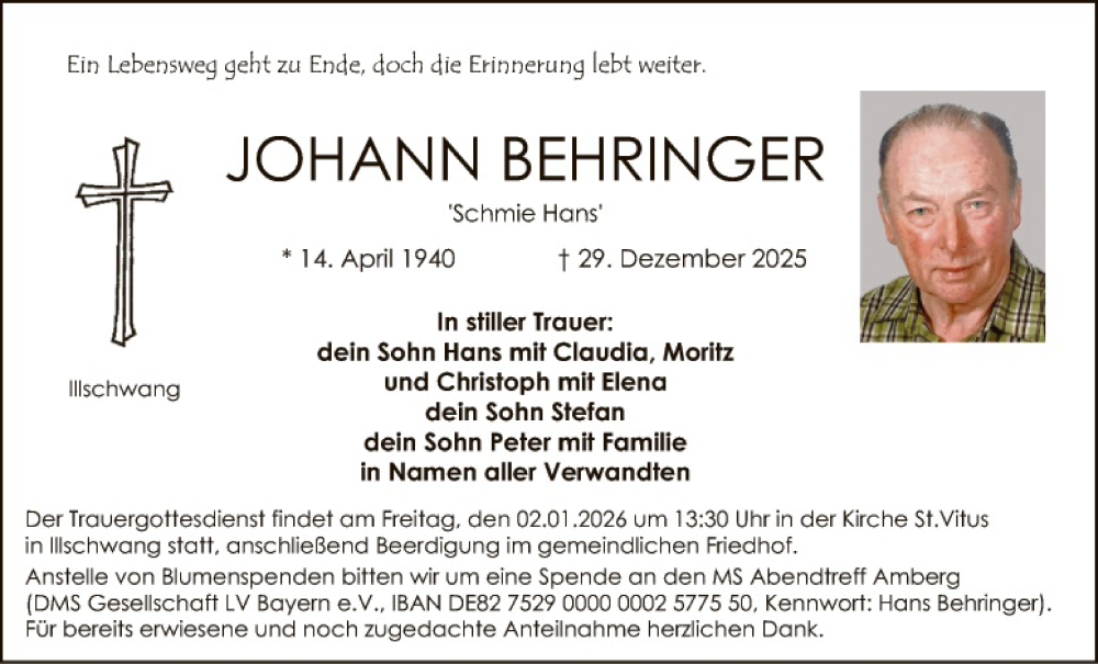  Traueranzeige für Johann Behringer vom 31.12.2025 aus Hauptausgabe Amberg