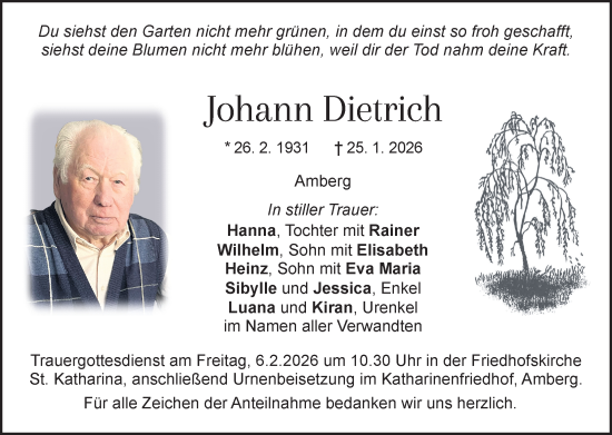 Traueranzeige von Johann Dietrich von Hauptausgabe Amberg