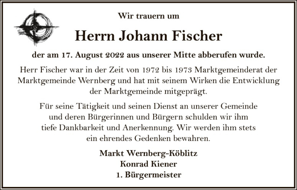  Traueranzeige für Johann Fischer vom 31.08.2022 aus Landkreis Schwandorf