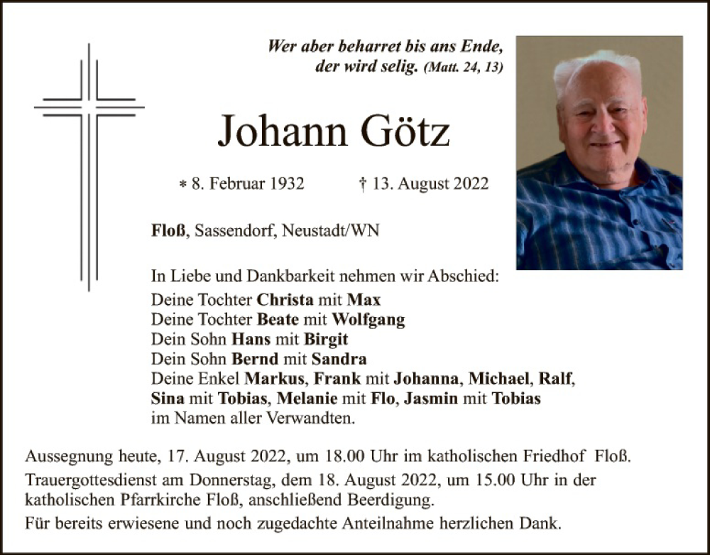  Traueranzeige für Johann Götz vom 17.08.2022 aus Hauptausgabe Weiden