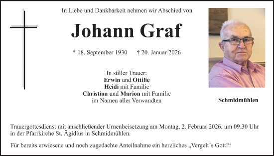 Traueranzeige von Johann Graf von Hauptausgabe Amberg