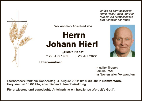 Traueranzeige von Johann Hierl von Landkreis Schwandorf