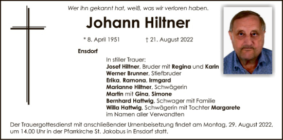 Traueranzeige von Johann Hiltner von Hauptausgabe Amberg