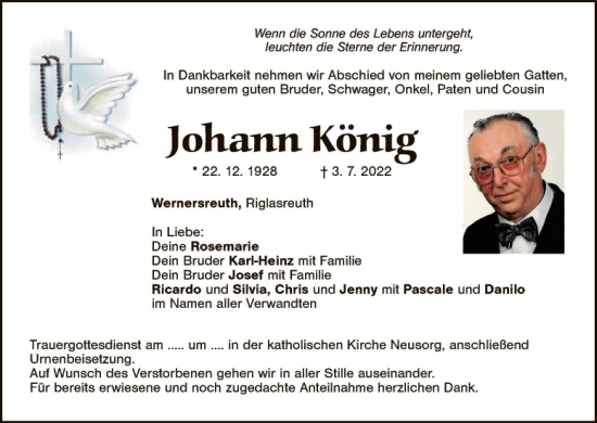 Traueranzeige von Johann König von Tirschenreuth + Eschenbach - Kemnath - Erbendorf