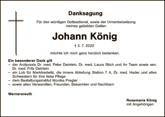 Traueranzeige von Johann König von Tirschenreuth + Eschenbach - Kemnath - Erbendorf