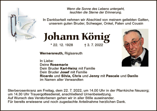 Traueranzeige von Johann König von Tirschenreuth + Eschenbach - Kemnath - Erbendorf