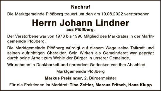 Traueranzeige von Johann Lindner von Tirschenreuth