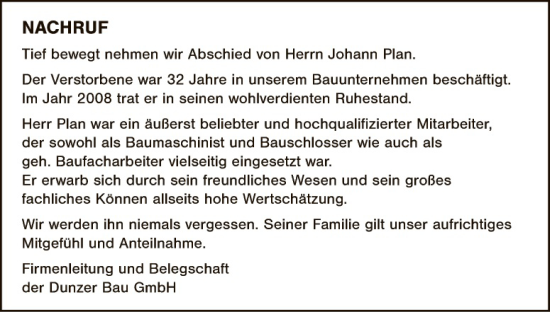 Traueranzeige von Johann Plan von Eschenbach - Kemnath - Erbendorf