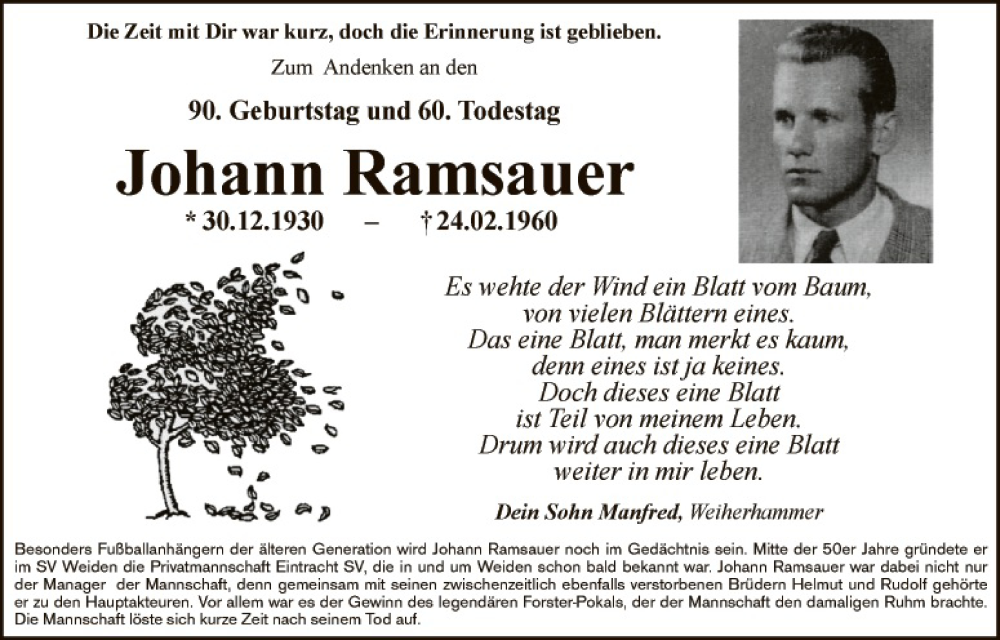  Traueranzeige für Johann Ramsauer vom 30.12.2020 aus Gesamtausgabe