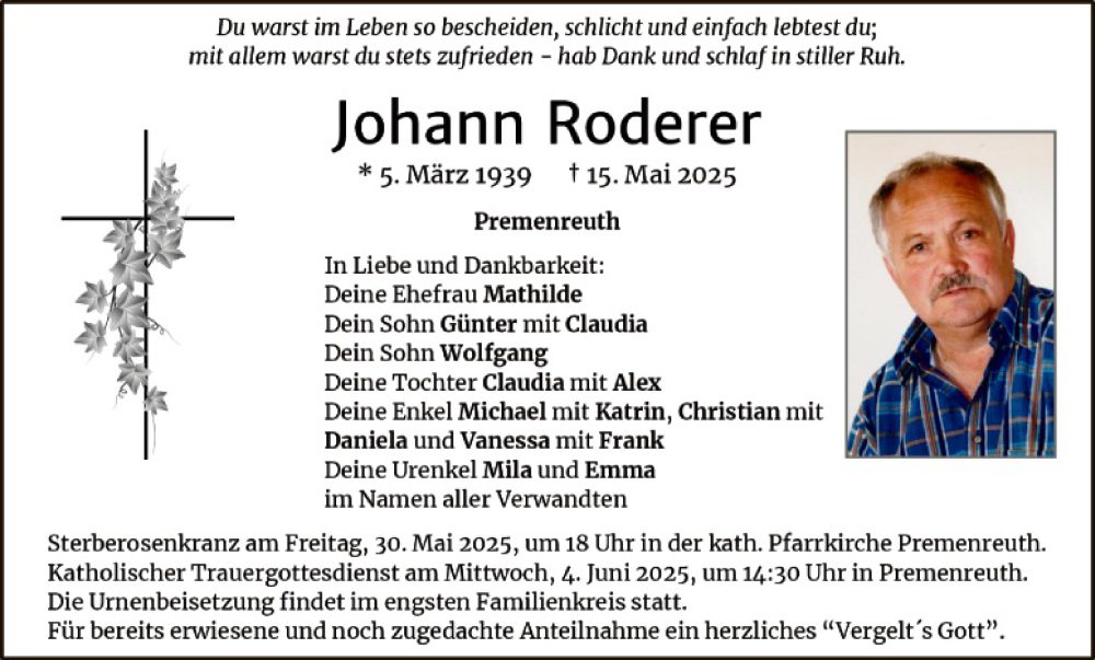  Traueranzeige für Johann Roderer vom 23.05.2025 aus Hauptausgabe Weiden