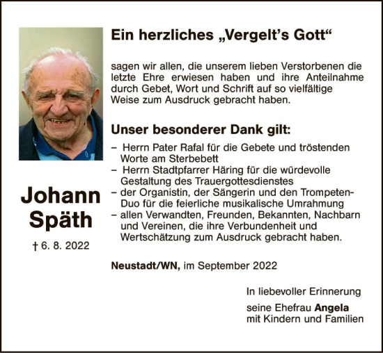 Traueranzeige von Johann Späth von Hauptausgabe Weiden
