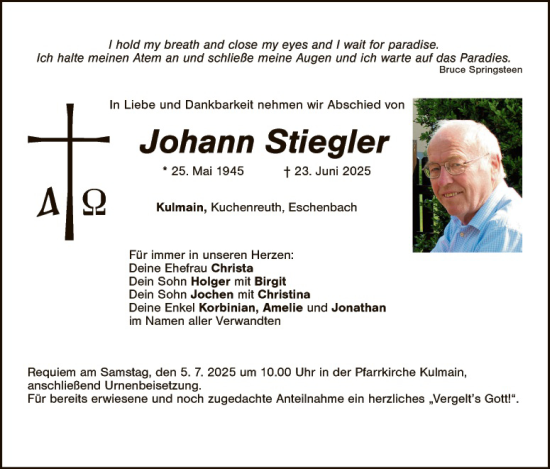 Traueranzeige von Johann Stiegler von Hauptausgabe Weiden