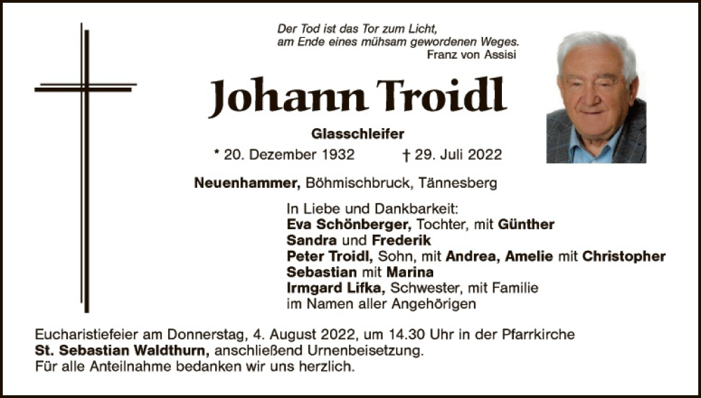  Traueranzeige für Johann Troidl vom 01.08.2022 aus Hauptausgabe Weiden