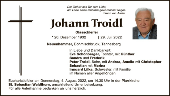 Traueranzeige von Johann Troidl von Hauptausgabe Weiden