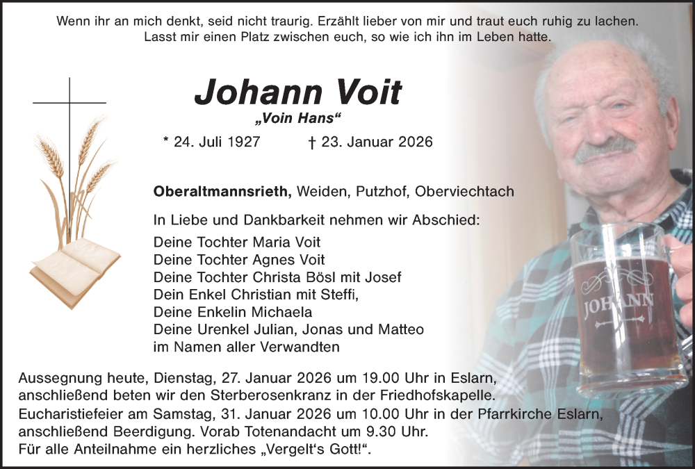  Traueranzeige für Johann Voit vom 27.01.2026 aus Hauptausgabe Weiden