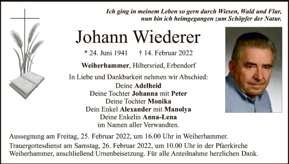  Traueranzeige für Johann Wiederer vom 23.02.2022 aus Hauptausgabe Weiden