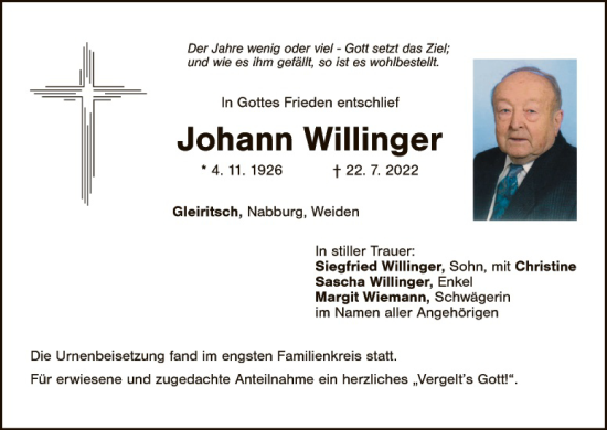 Traueranzeige von Johann Willinger von Landkreis Schwandorf