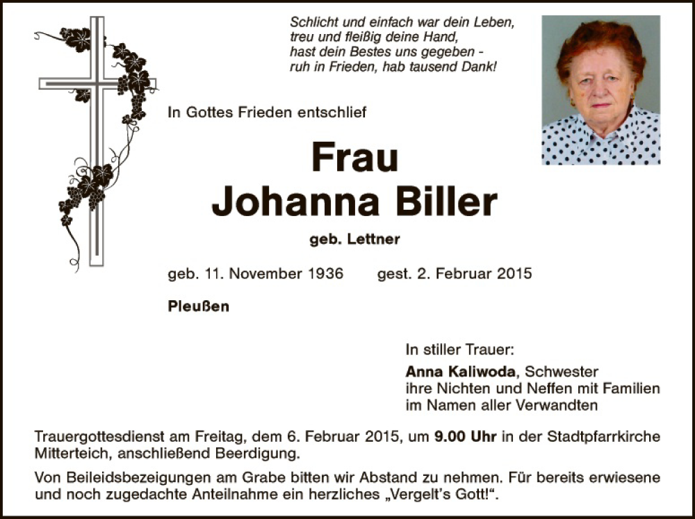  Traueranzeige für Johanna Biller vom 04.02.2015 aus Tirschenreuth + Eschenbach - Kemnath - Erbendorf