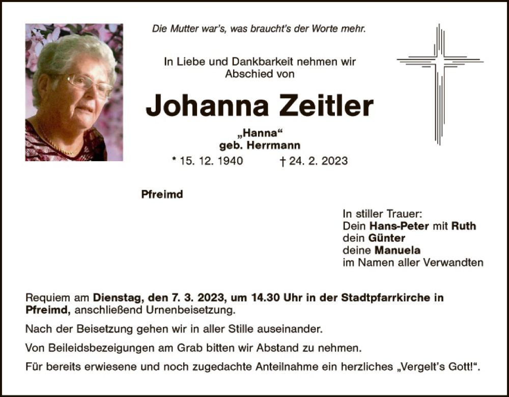  Traueranzeige für Johanna Zeitler vom 04.03.2023 aus Landkreis Schwandorf