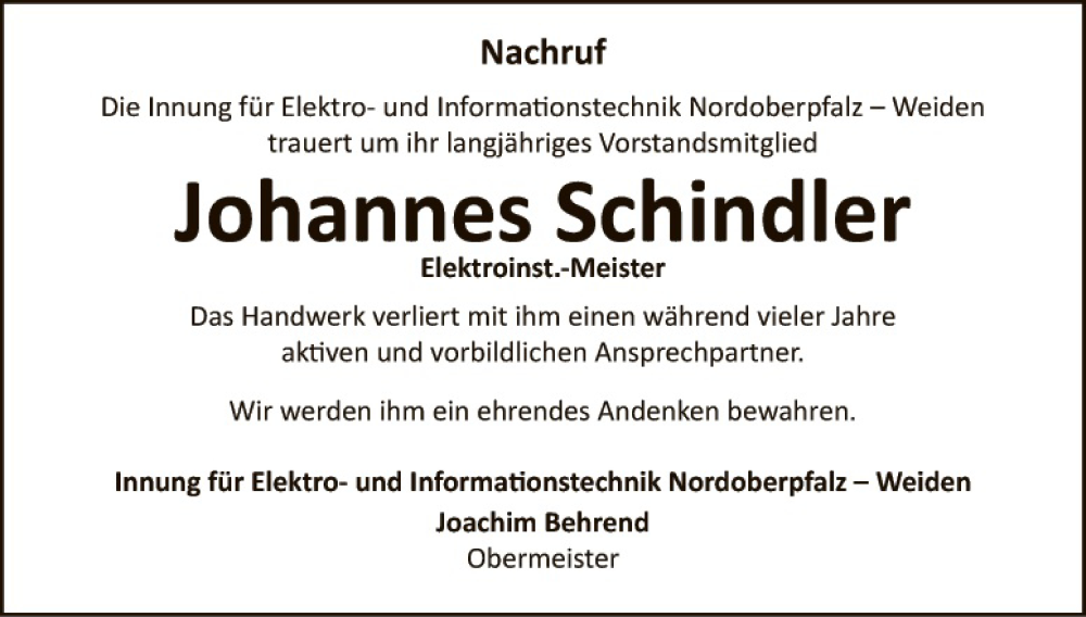  Traueranzeige für Johannes Schindler vom 21.01.2015 aus Hauptausgabe Weiden